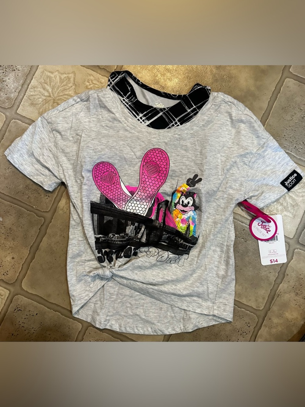 Justice Gray Tee with Pink & Multicolor Graphic and Sports Bra